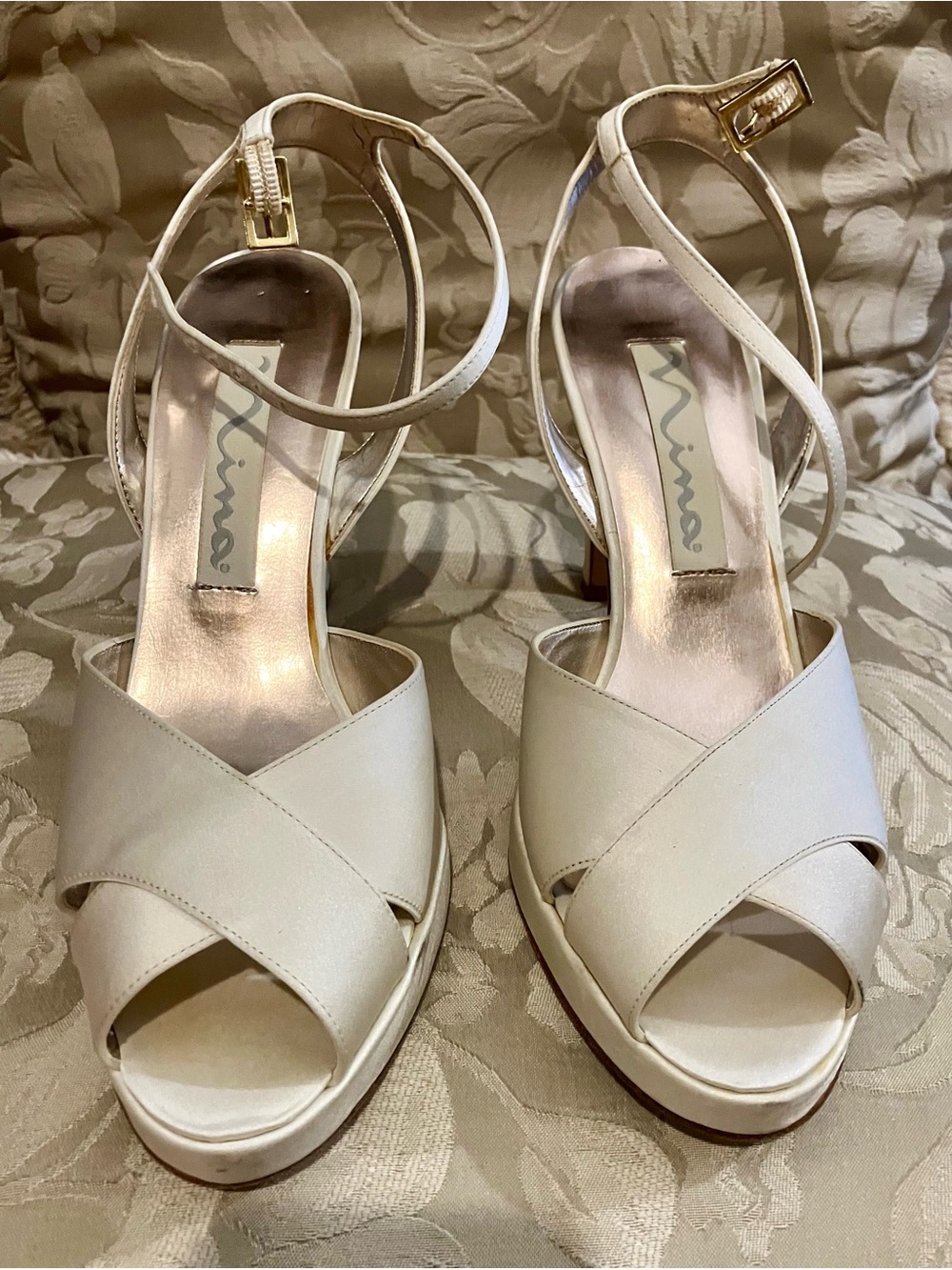 Nina Ivory Crisscross Platform Heeled Sandals with Ankle Strap